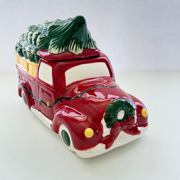Christmas Red Pickup Truck With Christmas Tree In Back Cookie Jar New 10x8x6 - Picture 4 of 10